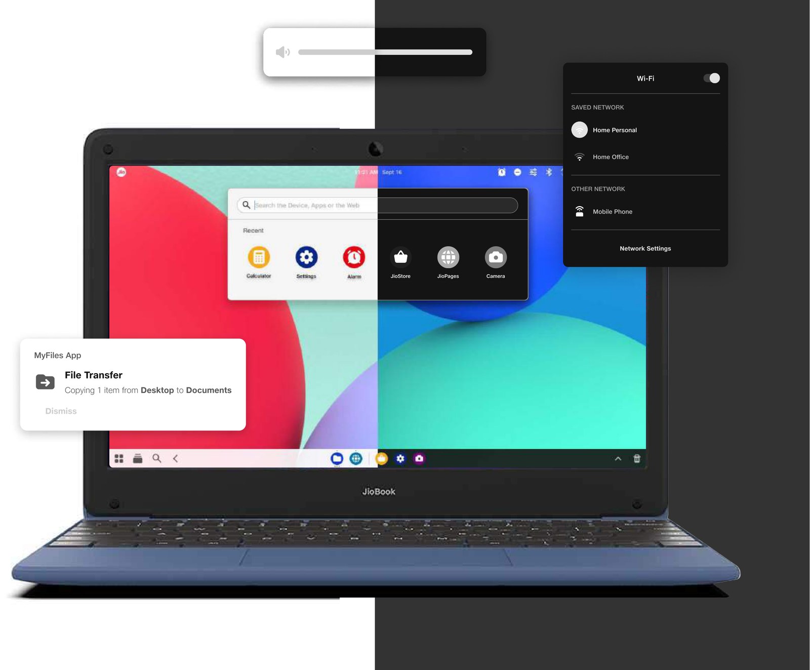 Dark theme — desktop, notifications and network settings