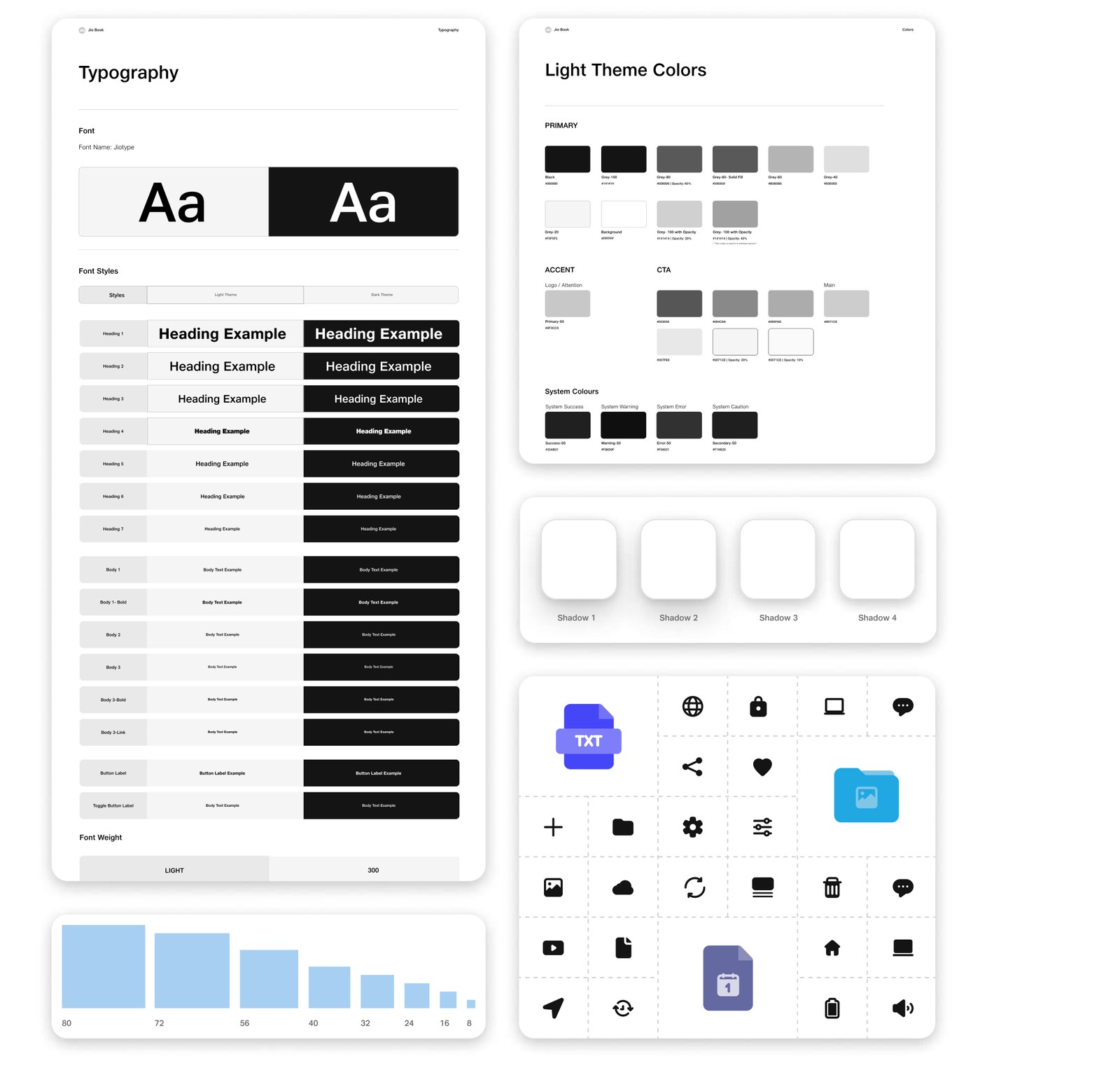 Typography, light theme colours, spacing scale and iconography