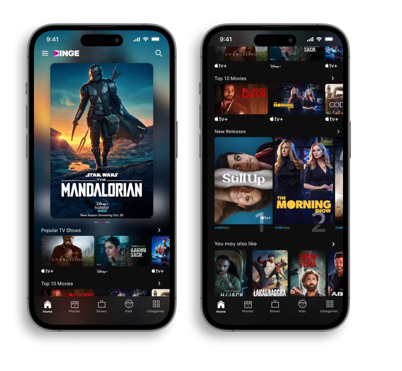 Home screen — hero banner and content rails