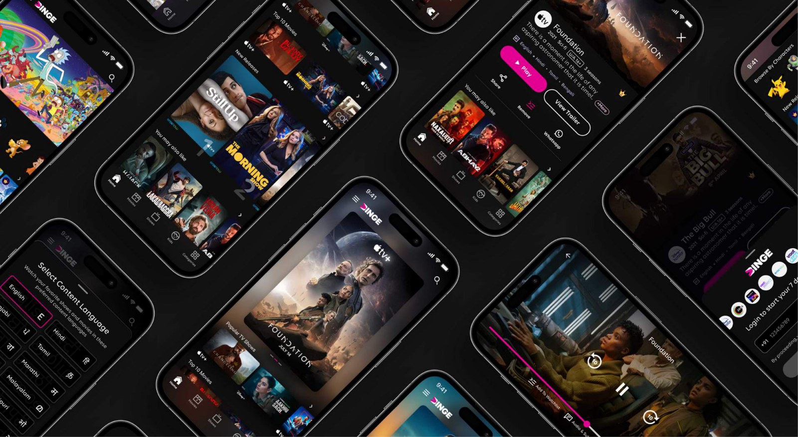 Content, player, language selection and login screens