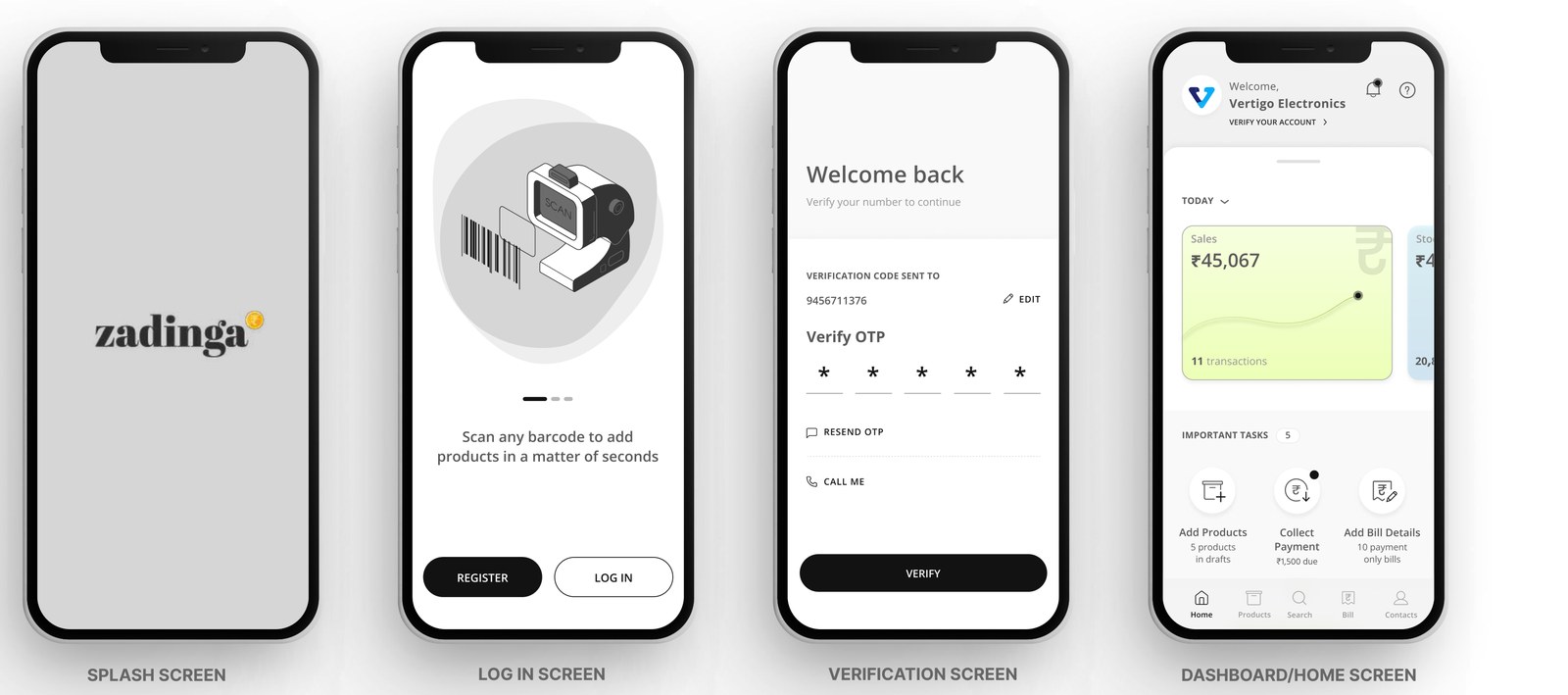 Wireframes and flows — inventory, filters, billing and product detail